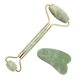 Jade, rodillo de jade natural y juego de gua sha, rodillo de piedra facial jade para arrugas, rodillo de jade auténtico con 2 piezas de herramientas de masaje para raspar de cara, cuello, mejillas, masaje de piel