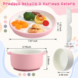 Domensi 4 Pcs Porcelain Kids Plates and Bowls Sets with Suction, 2 Ceramic Toddler Divided Plates 2 Baby Anti Slip Silicone Sleeve Bowls for Feeding Supplies Microwave Dishwasher Safe (Pink,Beige)