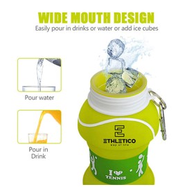 ETHLETICO - Botellas de agua plegables con mosquetón, botella de agua deportiva de grado alimenticio, para regalo, botella de agua plegable para senderismo, escuela, gimnasio, escuela, deportes y viajes, 19 onzas/550 ml (pelota de tenis)