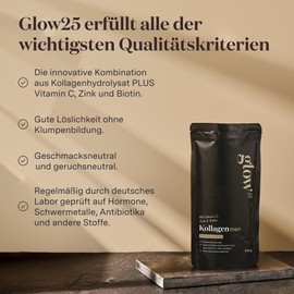 Glow25 Glow25? Collagen Pulver Men Edition [450g] - Neuer Look - Kollagen Hydrolysat mit Vitamin C, Zink und Biotin - Peptide Typ 1 und 3 - Gute L?slichkeit