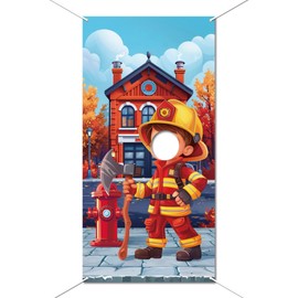 WADORN 180 x 90 cm Fireman Photo Banner Background Fireman Photo Door Banner Large Fabric Face in Hole Game Rescue Theme Background for Birthday Party Photo Accessories