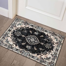 MUJOO Black Rug 2'x3',Small Washable Area Rugs for Entryway Kitchen Bathroom Bedroom,Boho Vintage Bohemian Distressed Farmhouse Non Slip Carpet, Floral