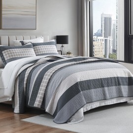 SahSahCasa Quilt Set King Size, 100% Cotton, King Comforter Set, Striped Quilted Bedspreads, Farmhouse King Bedding Set, Lightweight Bed Spread for All Season, Gray/Beige, 3pcs