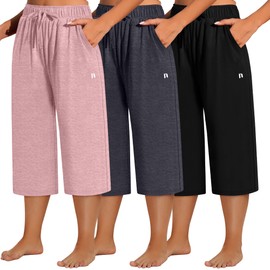 Neer 3 Pack Women's Plus Size Capris, Cotton Wide Leg Pants Casual Drawstring Capri Sweatpants Drawstring Pants with Pockets(Black, Dark Mixed Gray, Pink,5X-Large)