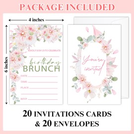 EULNNOI Birthday Brunch Invitations, Pink Floral Birthday Invite Cards With Envelopes, 20 Fill-In Style Party Invitations For Girls Women, Party Supplies Favors Decorations-010