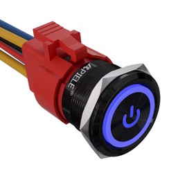 APIELE 22mm Latching Push Button Switch 12V 10A Power Symbol Ring Led Car Metal with Socket Plug 1NO1NC DPST ON/Off 0.87" 1 Pack (Black Shell, Blue)