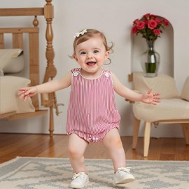 Yxniwxe Newborn Baby Boy Girl Summer Romper Bubble Sleeveless Bodysuit Striped Overalls Jumpsuit Infant Onesie Baby 0-18M (Red, 12-18 Months)