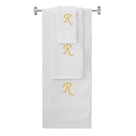 BY LORA Custom Embroidered Terry Cotton Ring Spun Bath Towel, Hand Towel and Washcloth Set - White Towel Set, Gold Chancery Initial R
