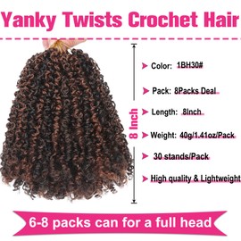 Unionbeauty Pre-twisted Yanky Twist Crochet Braids Hair 8 Inch 8 Packs Ombre Brown Spring Twists Hair Micro Passion Twists Crochet Hair Pre-looped Curly Synthetic Crochet Braids Hair Extensions 1BH30#