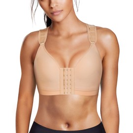 Wonderience Sports Support Bra Post-Surgical Wide Adjustable Straps with Front Closure Wirefree (Beige, X-Large)