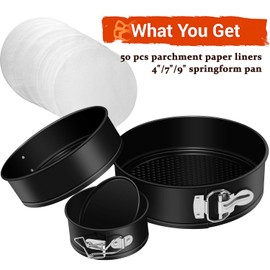 MASSUGAR - Juego de 3 moldes para tarta de queso redondos antiadherentes, a prueba de fugas, con parte inferior extraíble, círculo, 3 bandejas de 4 pulgadas, 7 pulgadas, 9 pulgadas, forma de resorte