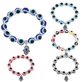 5 Pcs Turkish Evil Eye Glass Bead Stretch Bracelet Set Crystal Strand Protection Amulet Fatima Hamsa Hand Charm Lucky Jewelry for Women Men-5pcs 2