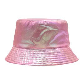 ZLYC Unisex Fashion Bucket Hat PU Leather Rain Hat Waterproof (Metallic Neon Pink)