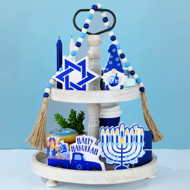 5 Pieces Hanukkah Tiered Tray Decor Set includes Rustic Happy Hanukkah Truck Gnome Hexagram Menorah Mini Wood Sign Wood Bead Tassel Garland for Chanukah Gifts Farmhouse Holiday Home Table Decoration