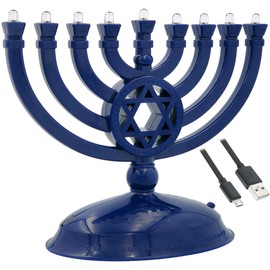 The Dreidel Company Mini Electric Menorah Traditional LED Travel Menora, Batteries or USB Powered, Micro USB 4' Cable Included (Blue)
