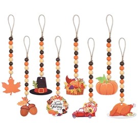 Piacolnic Fall Wood Bead Garland, 8 Pcs Thanksgiving Wooden Bead Ornaments, Maple Leaf Turkey Pumpkin Fall Theme Beaded Hanging Decor for Thanksgiving Harvest Party Tray Decoration