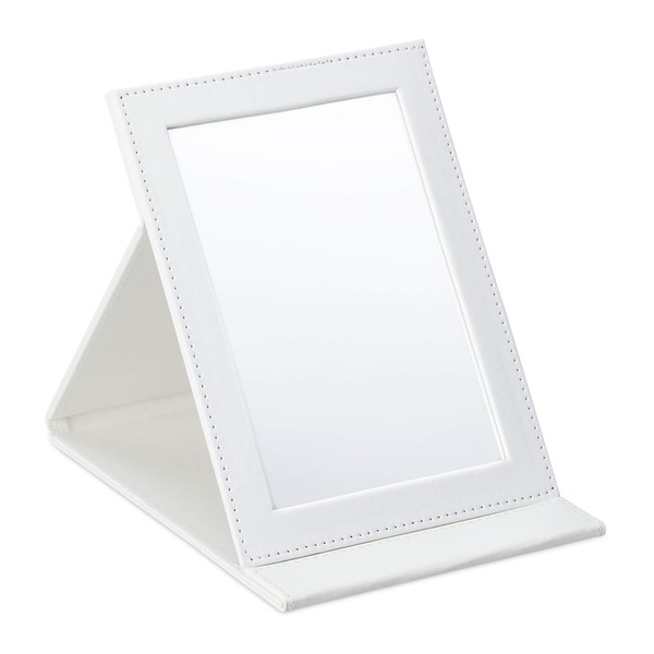 Relaxdays Folding Mirror for Travel, Dressing Table & Camping, Faux Leather Cosmetic Mirror, Mirror Surface H x W: 16 x 11 cm, White