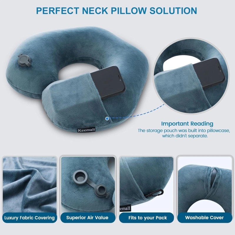 Keemall Inflatable Travel Neck Pillow for Airplane Train Car Washable