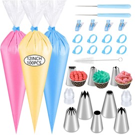 GZMAISULEE 122 Piece Icing Bag Set, Disposable Baking Bags, 100 Pieces 31 x 21 cm Frosting Bags, 10 Pieces Frosting Bag Clips, 2 Pieces Scriber Needle and 10 Pieces Pastry Bag Ties