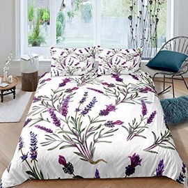 Loussiesd Lavender Comforter Cover Set,Purple Lavender Blossom Flower Print Bedding Duvet Cover Set Nature Theme Botanical Bedspread Quilt Cover Floral Print Bedroom Gift Decor 2 Pcs Single Size
