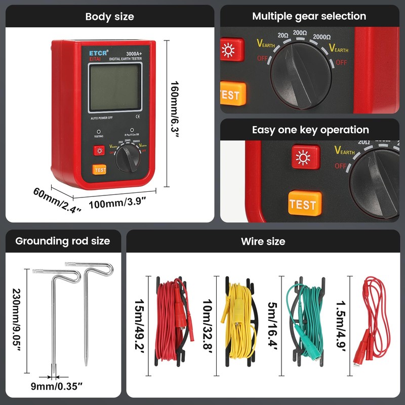 EITAI3000A+ Digital Ground Resistance Meter Tester 0-2kΩ, 0-200V, Manufacturer Direct