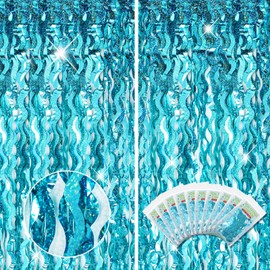 Newwiee 10 Pcs Wavy Tinsel Foil Fringe Curtain 3.3 ft x 6.6 ft Metallic Foil Fringe Backdrop Streamer Tinsel Backdrop for Sea Ocean Theme Birthday Bachelorette Party Photo Prop Decor (Blue Green)