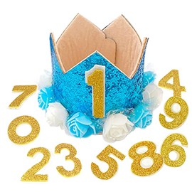 Rimobul Pet Crown Hat Dog Birthday Hat Reusable Birthday Party Crown for Pet Boy Cat Doggie Headband Hats with 0-9 Figures Charms Pet Gift Grooming Accessories with Glue Dots Pack of 1(Blue)