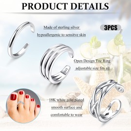 MILACOLATO 3Pcs Sterling Silver Toe Rings for Women 18K White Gold Plated 3 Row Wrap Cuff Celtic Knot Band Toe Rings Hypoallergenic Adjustable Toe Rings Summer Beach Foot Jewelry Set