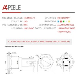 APIELE 10 Amp 19mm Momentary Push Button Switch 12V SPST LED Waterproof Round Self Reset 1NO (Black Aluminum, Blue)