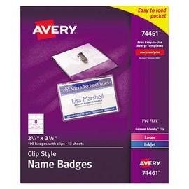 AVERY-DENNISON 74461 Badge Holder Kit w/Laser/Inkjet Insert, Top Load, 2 1/4 x 3 1/2, White, 100/BX