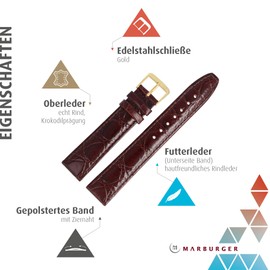 MARBURGER Watch Strap 18 mm Leather Crocodile (Caiman) Embossing with Stitching - Tool Assembly Set 52918, 18 mm, Leather