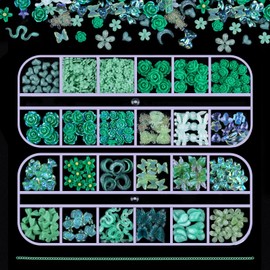 Kikonoke 2 Boxes 3D Flower Nail Charms Butterfly Bow Snake Rabbit Bear Shaped Nail Art Rhinestones Gems for DIY Nail Art Decoration Making Craft (Green)