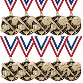 Crown Awards Baseball Medals - 10 Pack - 2" Gold Baseball Team Medals with Red, White, Blue Neck Ribbon