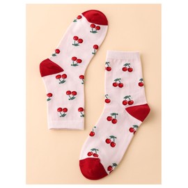 SHENHE Women's Cute Cherry Socks Kawaii Coloblock Knitted Crew Stockings Breathable Above Ankle Socks Pink One-Size