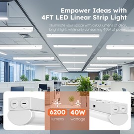 Madewell Living 4FT LED Strip Lights, 6200LM LED Light Strip 3500K/4000K/5000K Selectable, Flush Mount 0-10V Dimmable Commercial Grade Indoor Strip Light Fixture, UL Listed