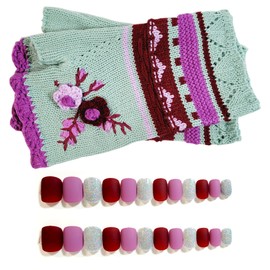 Press On Nail and Fingerless Glove Gift Set (Burgundy Mint, Extra Short Square Press On Nails)