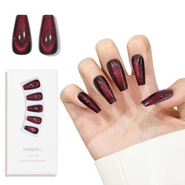 Cat Eyes Press On Nails,12 Sizes - 24 Pcs Soft Gel Dark Purple Red Medium Coffin Fake Nails Kit with Nail Glue, Natural Reusable Stick On False Nails for Women and Girls (Skycloud Nails) SK0822
