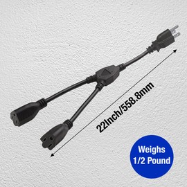POWERCORDS Heavy-Duty Extension Cord Splitter - Extension Cord Splitter 1 to 2 - Y-Splitter Dual Extension Cord - Power Splitter 1625W 13.5A 16 AWG - Plug Splitter UL Listed, Black, 22 in