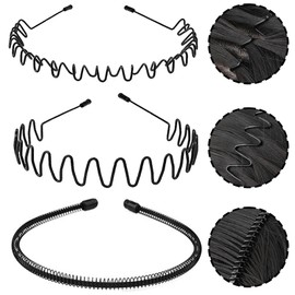 LERNOU Metal Headbands Men Hair Bands, Unisex Black Wavy, Spring And Summer Outdoor Sports Headband, Fashion Simple Elastic Non Slip Hair Accessories (3 pcs)