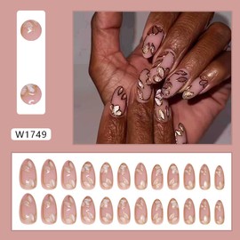 Butterfly Almond Press on Nails Medium Fake Nails with Gold Glitter Designs Nude Pink False Nails Press ons Acrylic Nails Fall Glue on Nails Artificial Stick on Nails for Women 24Pcs