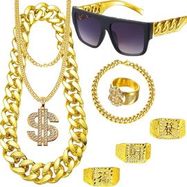 Pack of 8 Costume Gold Chain Fancy Dress, Hip Hop Rapper Costume, 80s/90s Outfit, Men's Dollar Chain/Large Golden Chain/Dollar Ring/Golden Bracelet for Carnival Fancy Dress Theme Party, Metal