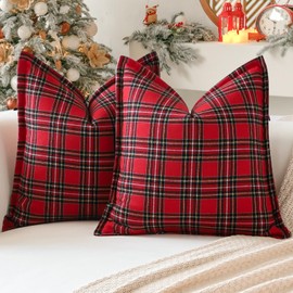 Sungeek Christmas Scottish Tartan Cushion Covers 50 x 50 Set of 2 Linen Decorative Check Plaid Square Pillow Covers with Stitched Edge for Sofa Couch Bed Living Room 20x20 Inch (Red)