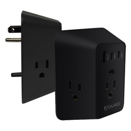 Aduro - Extensor de enchufe múltiple con protector de sobretensión, color negro - Cargador de pared con adaptador 3 tomacorrientes, 1 USB y 2 puertos de carga tipo C - para viajes en casa, oficina,