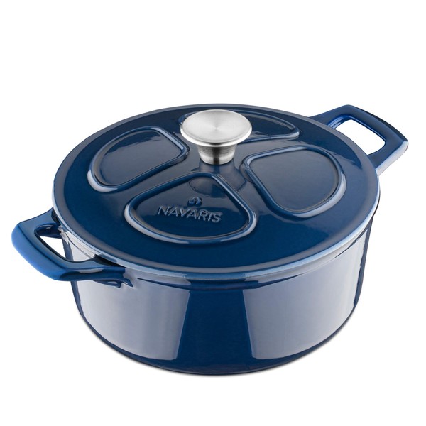 Navaris Enameled Dutch Oven - 3.7 QT Cast Iron Pot with Lid - 9 1/2" Round Enamel Cookware - Induction Cooktop Safe - Glossy Dark Blue