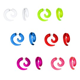 Unisex Translucent Neon Orange Red Pink White Blue Green Purple Round Swirl Spiral Tribal Fake Faux Ear Plug Taper Earrings Acrylic Resin Surgical Steel 6 Piece Set Women Men Teen