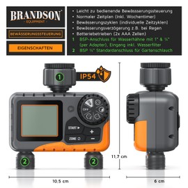Brandson - Digital Irrigation Computer with Display - 2 Output Zones - Irrigation Control - Irrigation System - Automatic Watering - Rain Delay - Balcony Patio Garden
