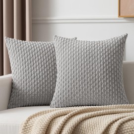 Kevin Textile Set of 2 Decorative Pillows Covers for Couch Striped Boho Velvet Sofa Pillow Covers 40x40cm 16 x 16 Inch Light Grey