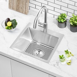 BURCHAIN 17 x 15 Inch Drop in Kitchen Sink Top mount Bar Sink 16 Gauge Stainless Steel Single Bowl Workstation with Sink Protector (Brushed Nickel)