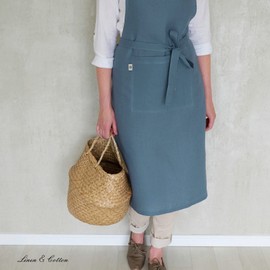 Linen & Cotton Apron, 100% Linen, Blue (70 x 100 cm), Unisex, with Pocket for Kitchen, Bakers, Crafting, Flower Shop, Garden, Coffee House, Tea Rooms