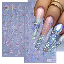 Color Christmas Nail Art Stickers 5D Embossed Snowflake with Diamond Crystal Nail Stickers Christmas Tree Cute Stars Moon Nail Decals Acrylic Nail Supplies for Women Girls DIY Nail Salons 2 Sheets
